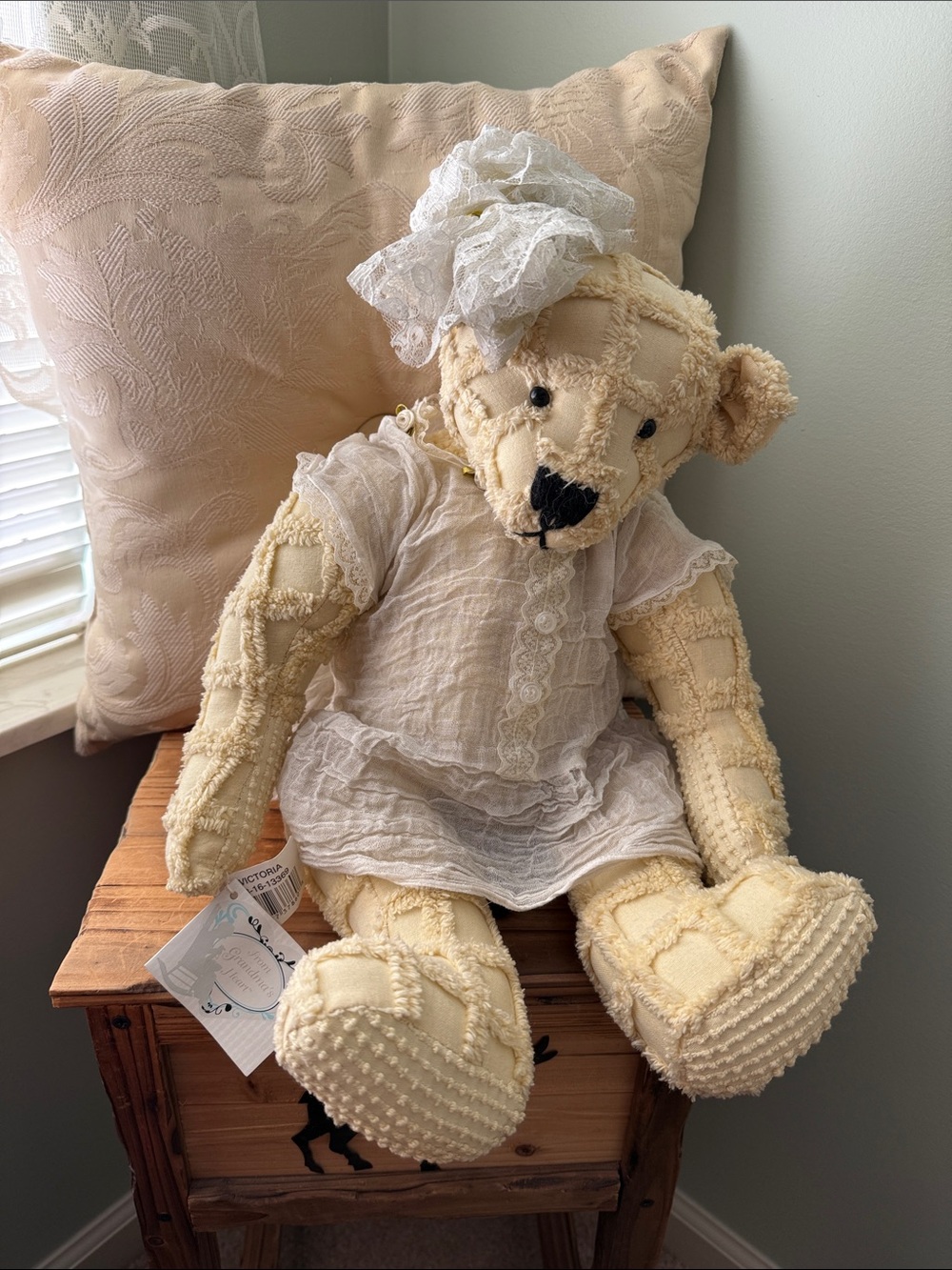 NWT Cream Patchwork Teddy Bear Decorative Plush with Lace Dress